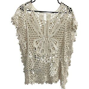 Vintage Style Beige Crochet Butterfly Top Lightweight Boho Coastal Festival